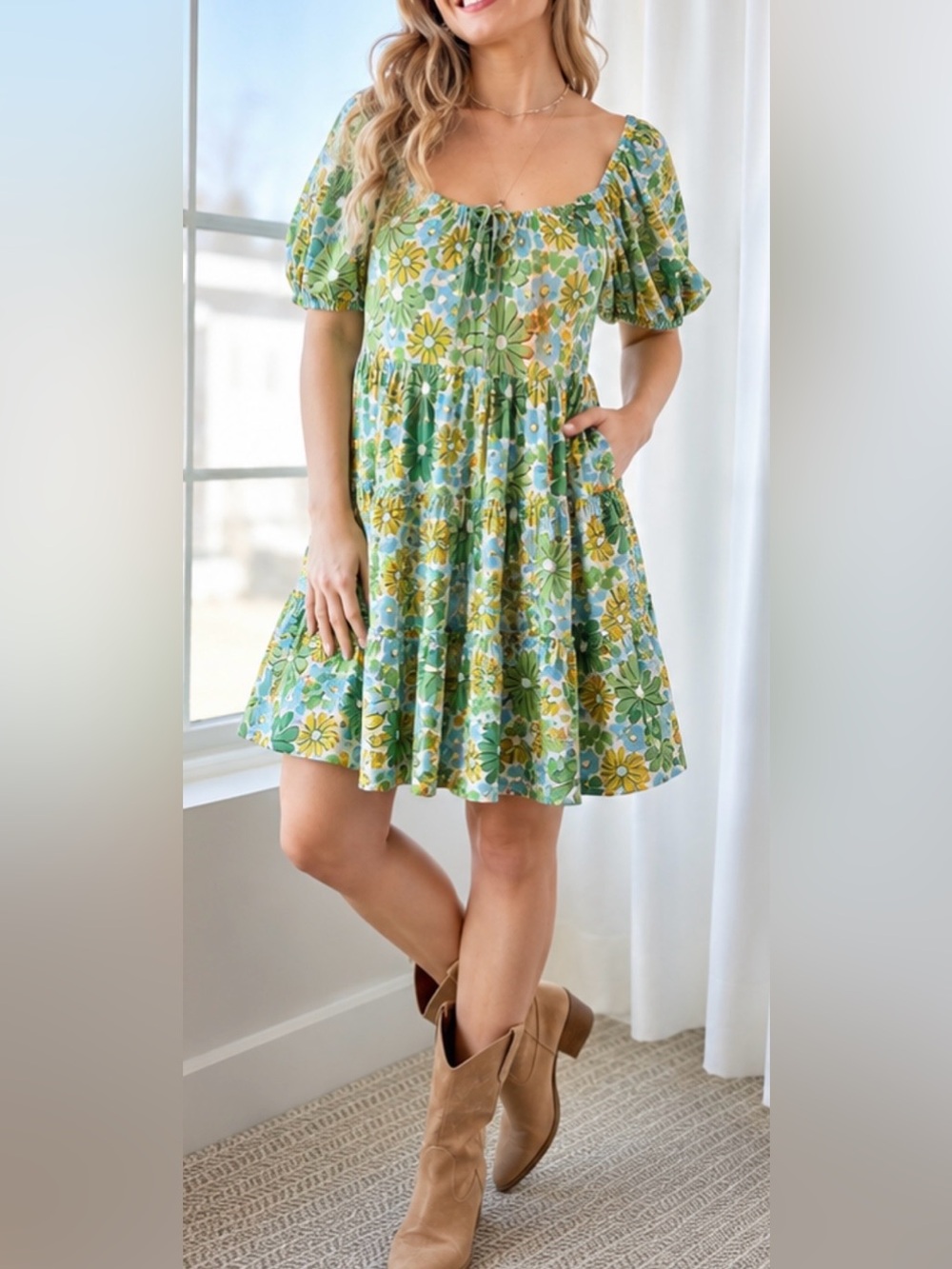 NWT Umgee Retro Daisy Floral Print Mini Dress Puff Sleeve Babydoll Large